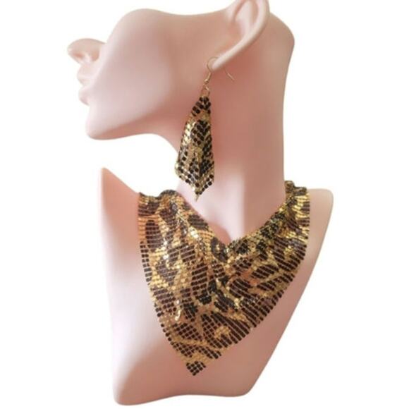 Leopard print gold mesh scarf necklace and earring set - Picture 2 of 5
